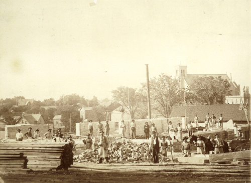Laying the foundation for the County Courthouse, ca. 1886
