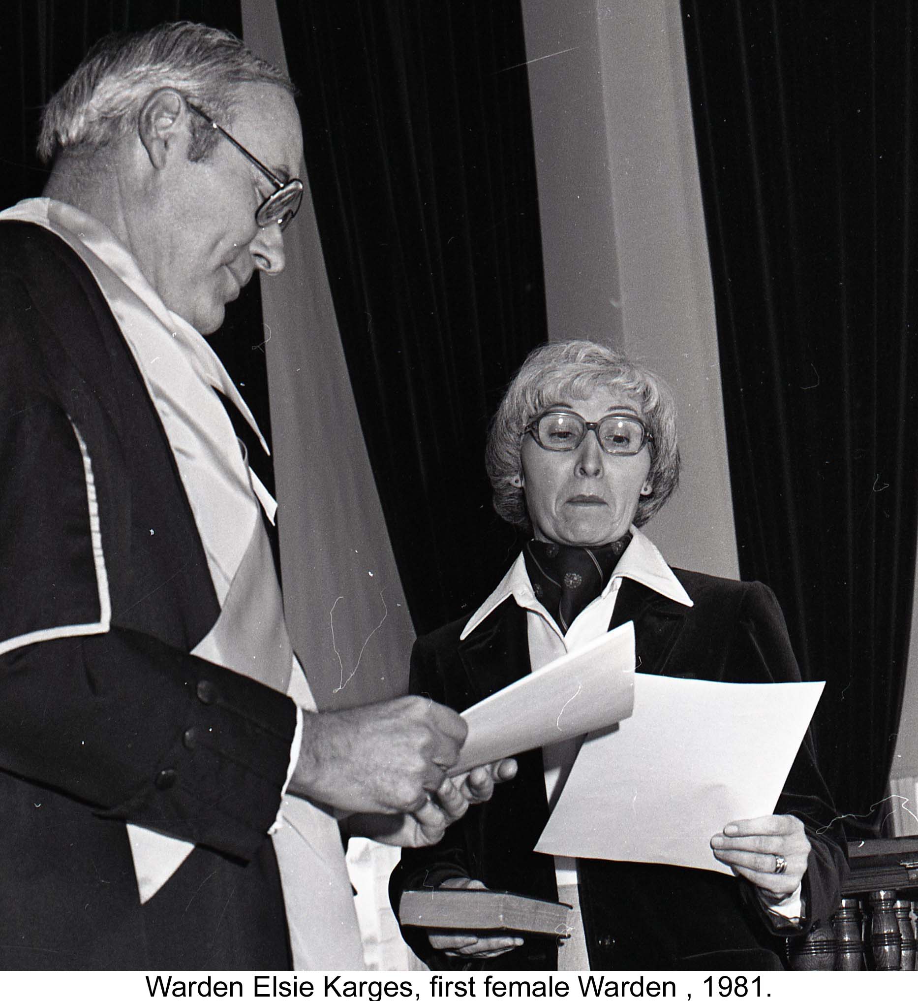 Black and white photograph of Warden Elsie Karges, first female warden. 1981
