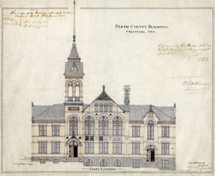 Colour blueprint of the Front Elevation of the County Courthouse by George F. Durand, 1885 courtesy of Western University Archives & Special Collections