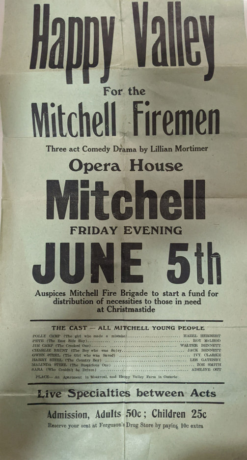 Image showing a black and white poster from the Mitchell Opera House with the title "Happy Valley for the Mitchell Firemen"