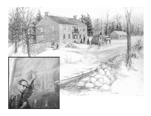 A black and white drawing of the Fryfogel Inn