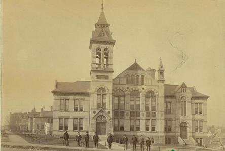 Photograph of the newly completed Perth Count Courthouse when with officials outside, 1888