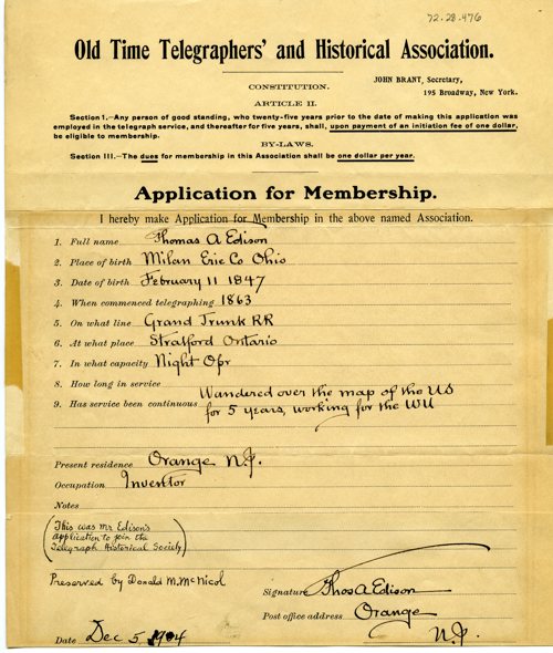 Thomas Edison's Membership Application